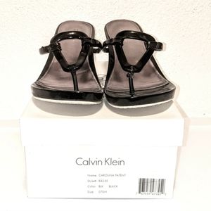 Calvin Klein Black Patent T-Strap Low Wedge Sandal